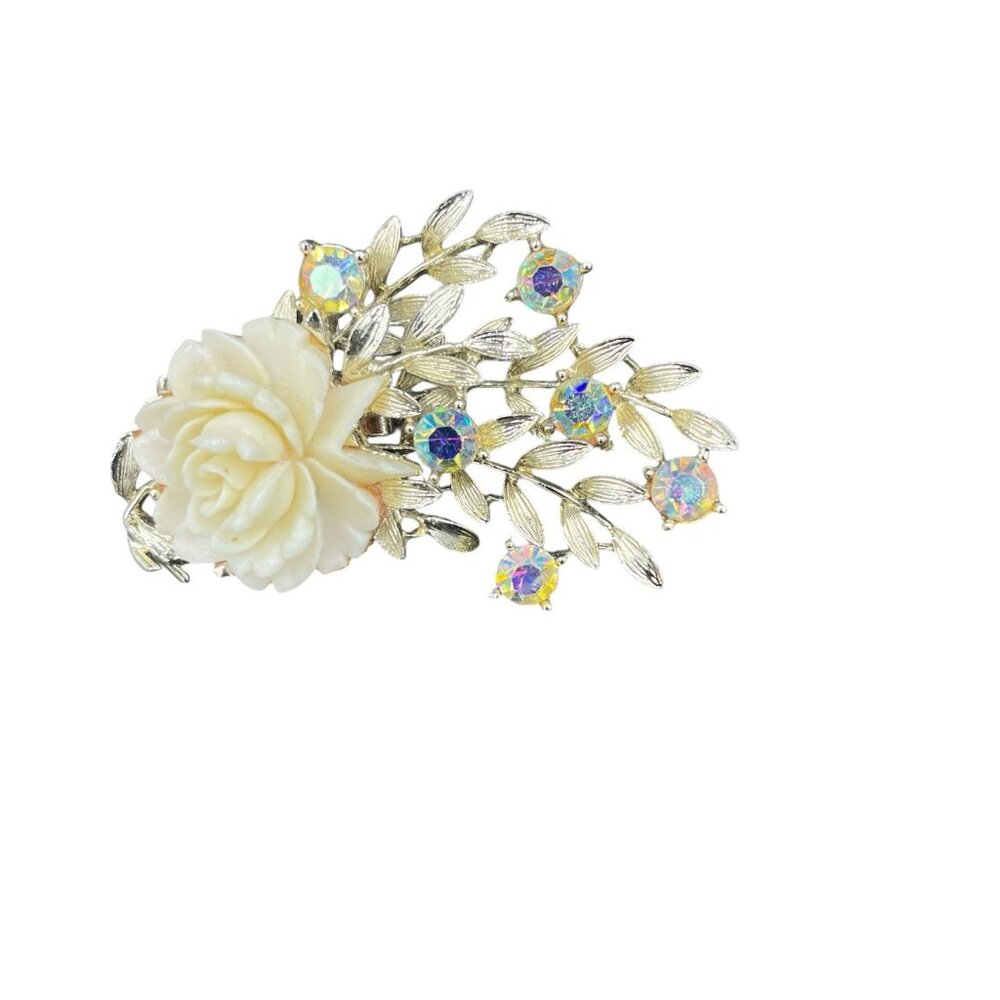 Vintage White Flower AB Crystal Rhinestone Floral Gold Tone Brooch Pin